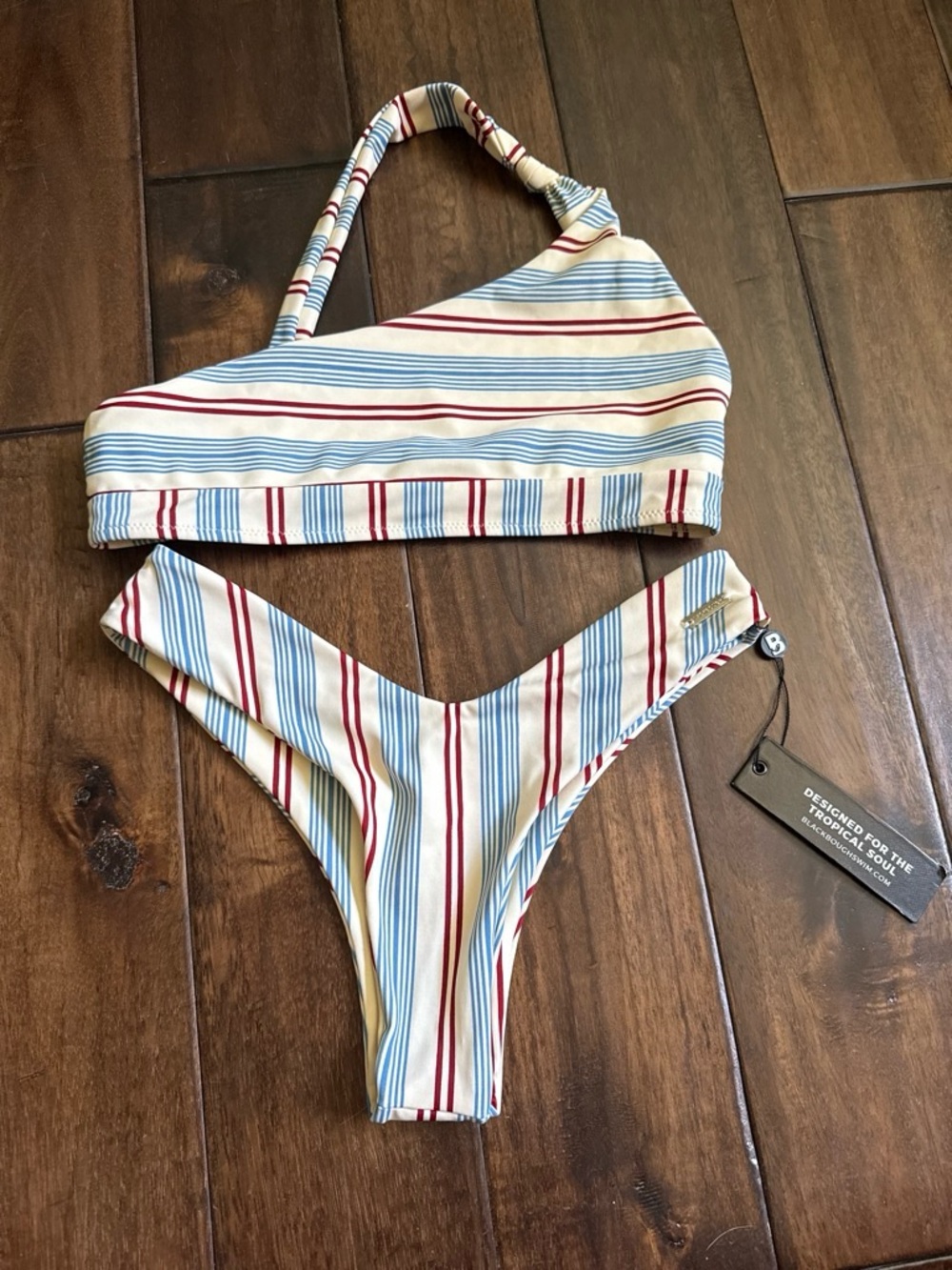 Striped One-Shoulder Kids Swim Bikini - Cream with Red & Blue Stripes